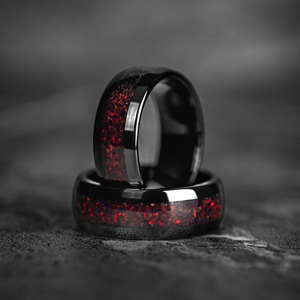 Mens Dark Red Garnet Tungsten Wedding Band, 8mm Black Tungsten Ring with Red Garnet Inlay, Durable Comfort Fit Ring, Anniversary opal gift