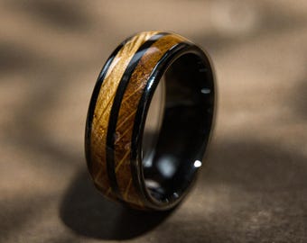 Whiskey Barrel Tungsten Ring: Meteorite Inlay, Wooden Mens Wedding Band