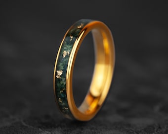 Alianza de boda de tungsteno con oro amarillo, jade y hojuelas de oro; anillo de promesa unisex con incrustaciones de piedra verde, ideal para él y para ella; elegante regalo de aniversario de 4 mm.
