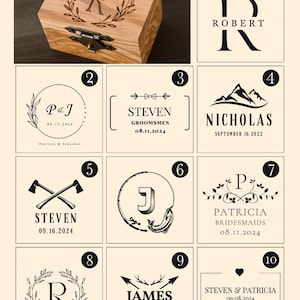 May include: A wooden box with a hinged lid and a metal clasp. The top of the box is engraved with the letter "R" inside a laurel wreath. The box is surrounded by various design options for engraving.