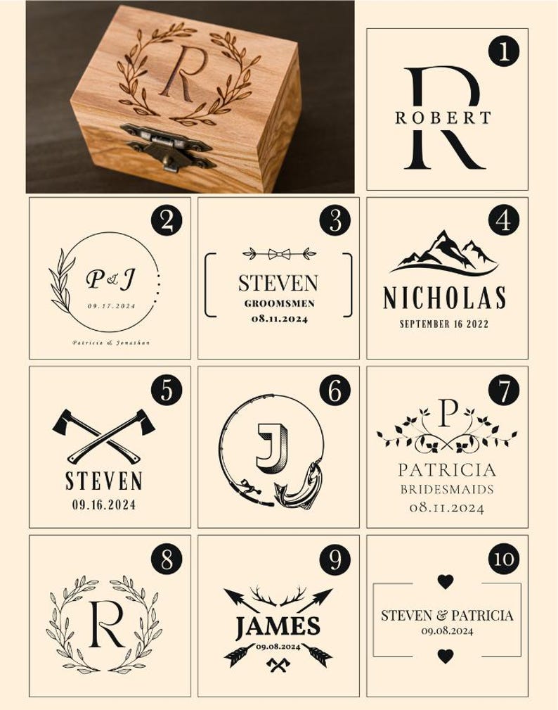 May include: A wooden box with a hinged lid and a metal clasp. The top of the box is engraved with the letter "R" inside a laurel wreath. The box is surrounded by various design options for engraving.