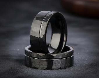 Black Hammered Tungsten Ring, Matte Finish with Line Mens Wedding Band, Modern Minimalist Tungsten Anniversary Ring, gift for him 8mm