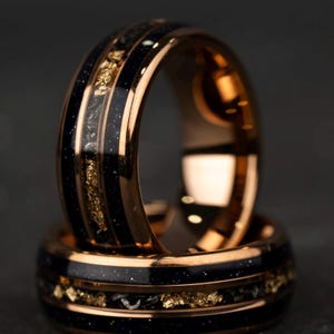 Blue Opal Meteorite Tungsten Ring, 24K Rose Gold Leaf Inlay Mens Wedding Band, Unique Meteorite Promise Ring, Anniversary Gift for Him 8mm