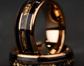 Blue Opal Meteorite Tungsten Ring, 24K Rose Gold Leaf Inlay Mens Wedding Band, Unique Meteorite Promise Ring, Anniversary Gift for Him 8mm