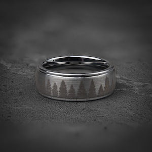 Silver Tungsten Ring: Forest Pine Tree Wedding Band, 8mm