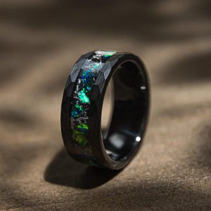 Meteorite and Emerald Green Opal Hammered Tungsten Ring, Black Brushed Wedding Band, Opal Inlay Ring for Him, 8mm Comfort Fit, Unique Style