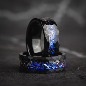 Black Hammered Galaxy Wedding Band, Tungsten Ring With Blue Opal Inlay, Mens Unique Cosmic Engagement Ring, Crushed Blue Opal Meteorite Band