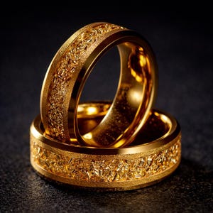Op de afbeelding: Twee gouden ringen op elkaar gestapeld. De ringen hebben een getextureerd, geometrisch patroon rond de band. De ringen zijn helder, glanzend goudkleurig en de achtergrond is donker.