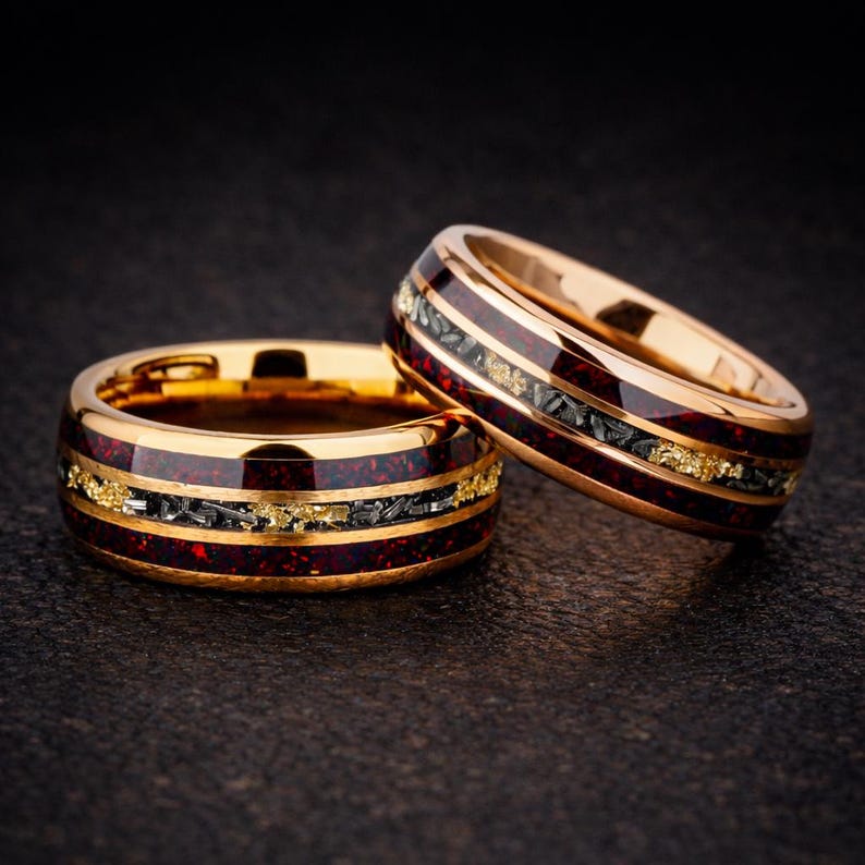 Red Opal Meteorite Tungsten Ring with 24K Rose Gold Leaf, Mens Wedding Band, Unique Meteorite Promise Ring, Anniversary Gift for Him 8mm image 3