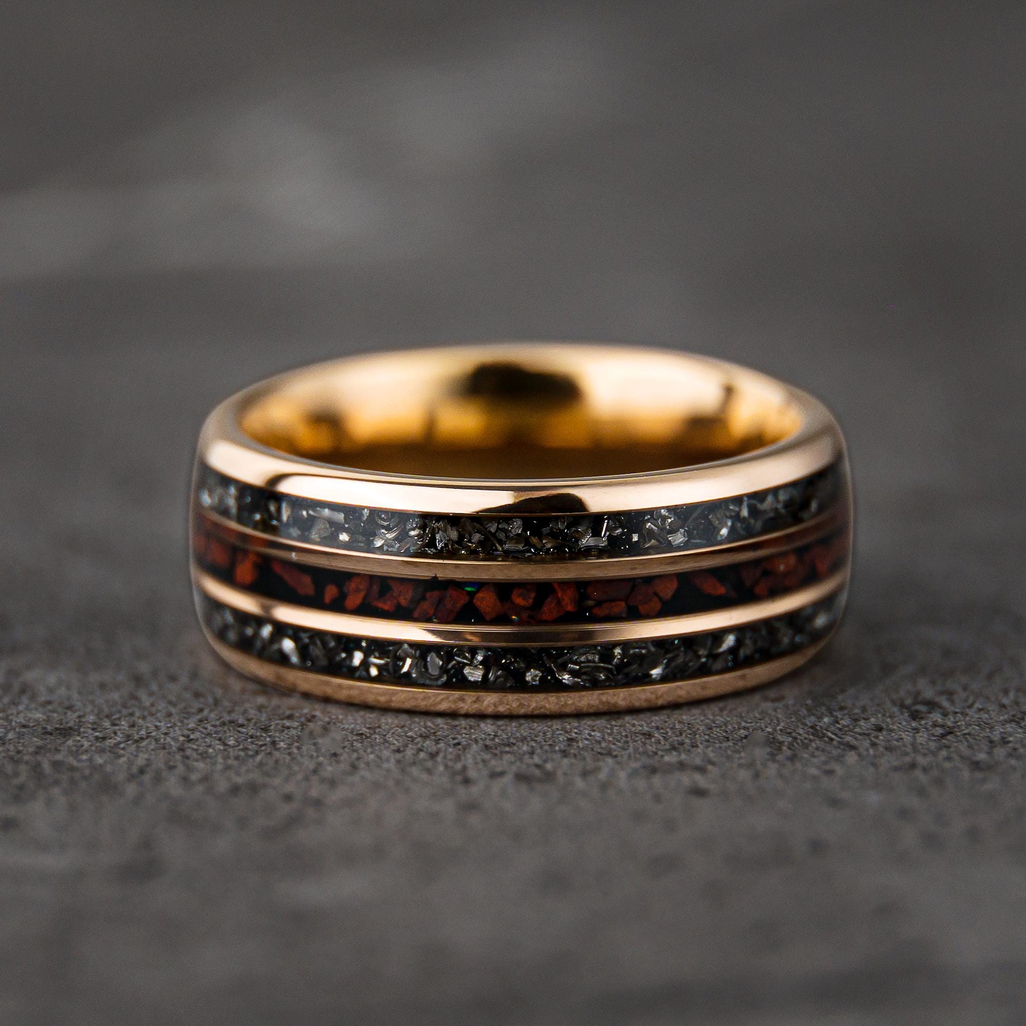 Meteorite Dinosaur Bone Ring, Unique Mens Wedding Band, Unique Rose Yellow Gold 18K Promise Ring, Tungsten Gold Domed Engagement Band, 8mm