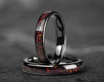 4 mm Dark Red Garnet Tungsten Wedding Band, Black Tungsten Ring with Red Garnet Inlay, Durable Comfort Fit Ring, Anniversary opal gift