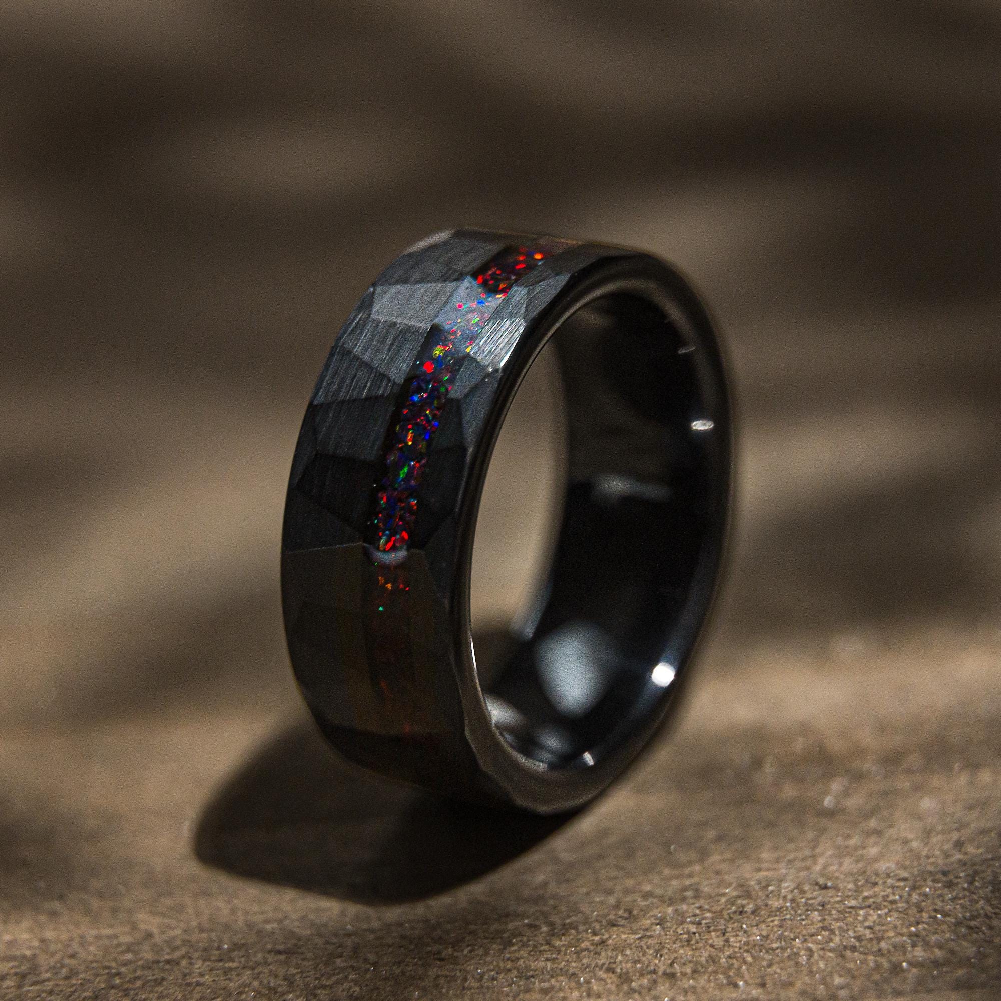 Black Hammered Wedding Band, Tungsten Ring With Red Opal Inlay, Unique Mens Ring, Crushed Red Opal Meteorite Band, Engagement or Gift 8mm