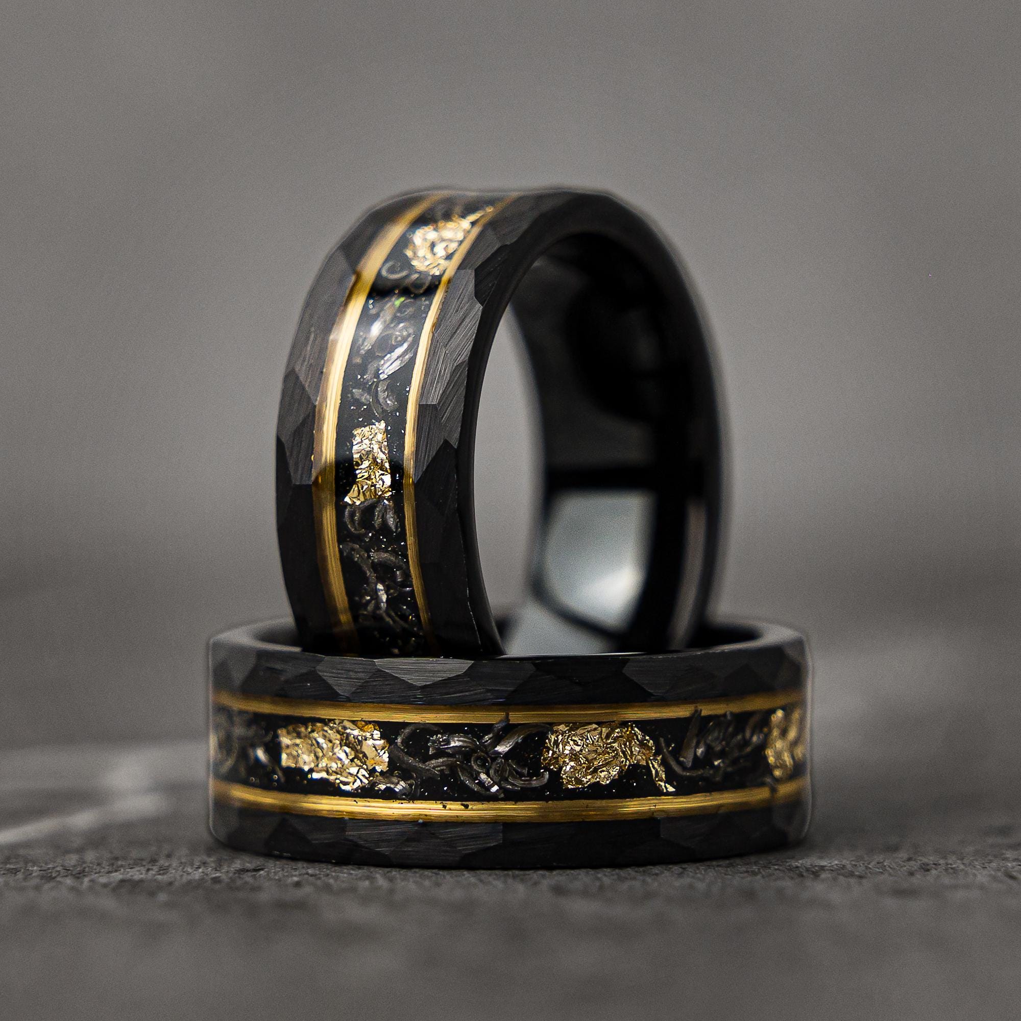 Crushed Gold Leaf Mens Meteorite Wedding Band, Black Hammered Unique Ring, Tungsten with Inlay Promise or Engagement Ring for Him, 8mm gift