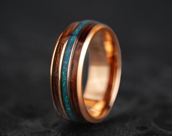 Green Opal & Whiskey Barrel Men's Wedding Ring, Light Rose Gold Tungsten Ring, Opal Meteorite Band, Unique Wooden Ring for Men, 8mm gift