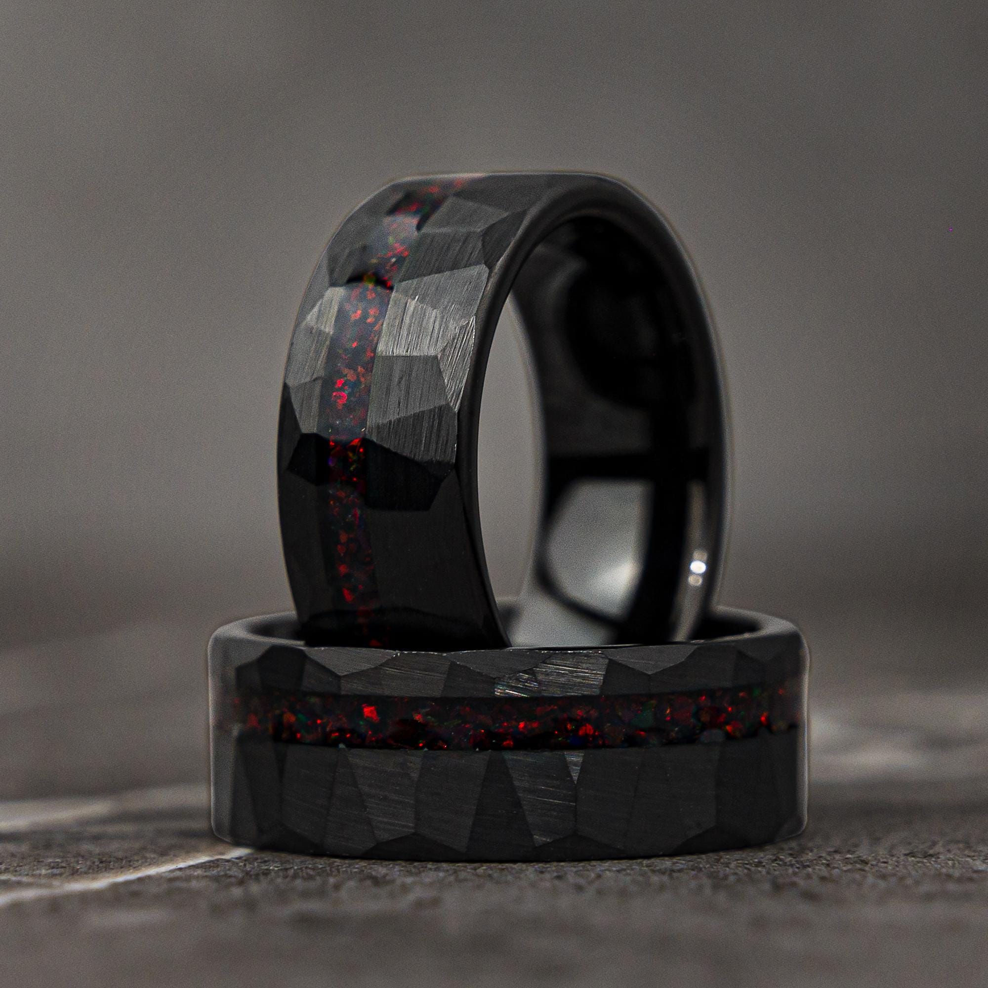 Black Hammered Wedding Band, Tungsten Ring With Red Opal Inlay, Unique Mens Ring, Crushed Red Opal Meteorite Band, Engagement or Gift 8mm