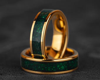 Yellow Gold Jade Inlay Tungsten Ring, Mens Wedding Band, Anniversary Gift Ring, Statement Ring, Promise Ring, 6mm gift for him and her