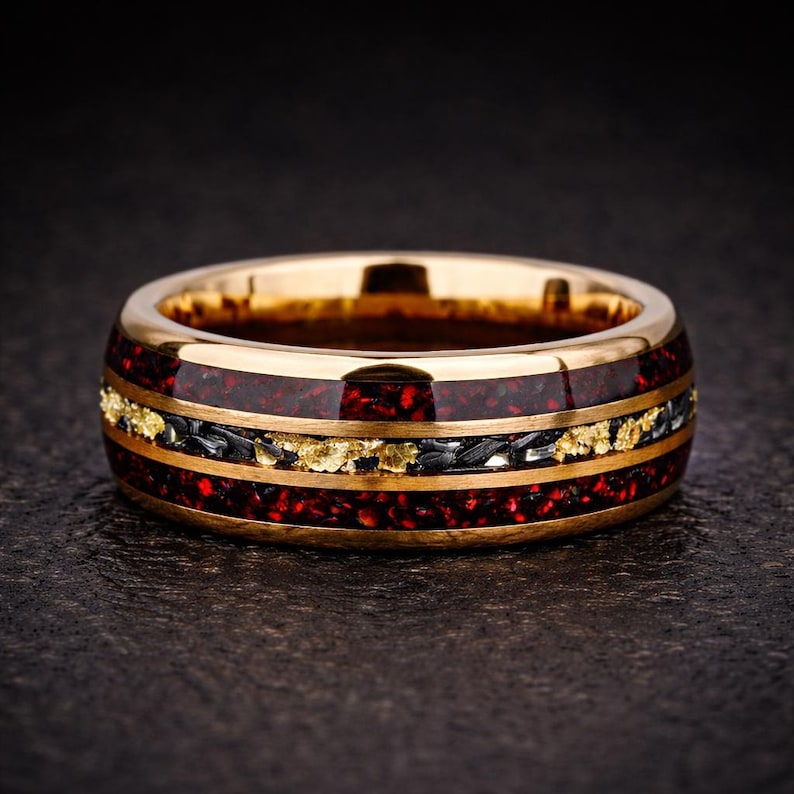 Red Opal Meteorite Tungsten Ring with 24K Rose Gold Leaf, Mens Wedding Band, Unique Meteorite Promise Ring, Anniversary Gift for Him 8mm image 2