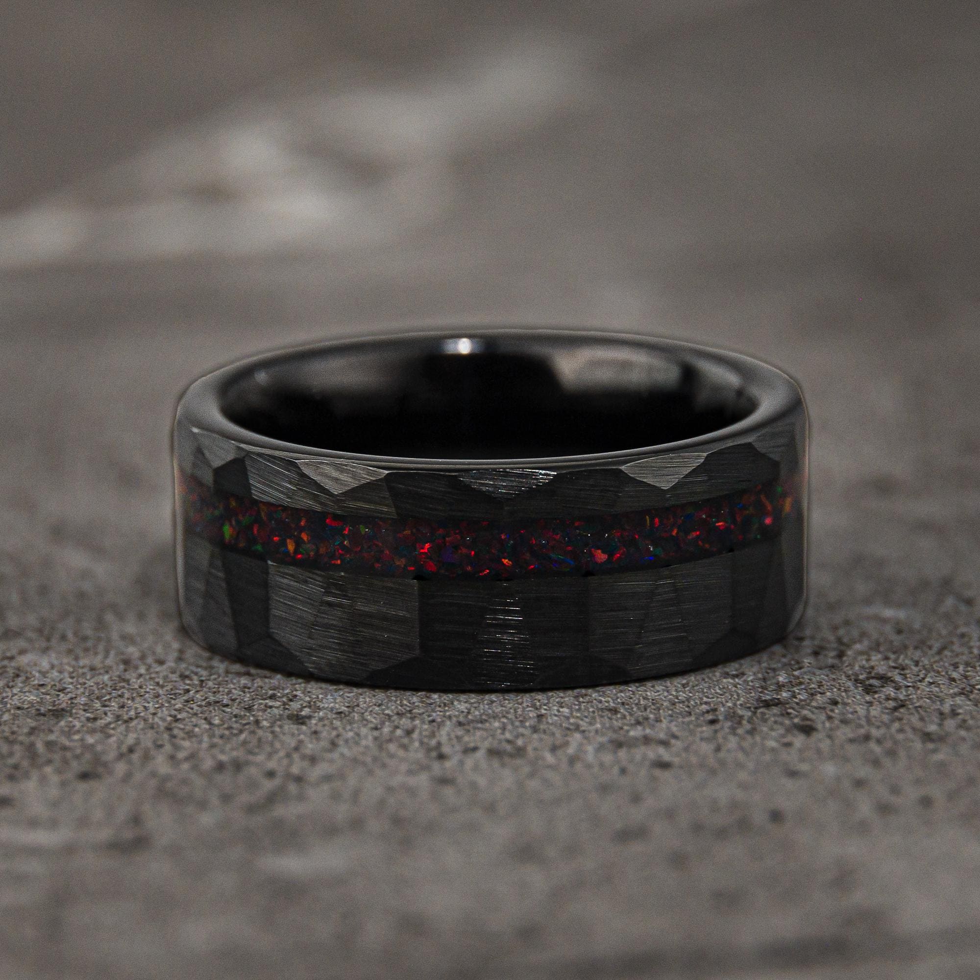 Black Hammered Wedding Band, Tungsten Ring With Red Opal Inlay, Unique Mens Ring, Crushed Red Opal Meteorite Band, Engagement or Gift 8mm