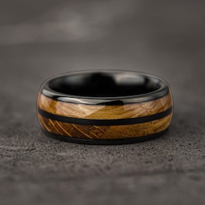 Whiskey Barrel Tungsten Ring: Meteorite Inlay, Wooden Mens Wedding Band