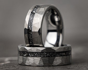 Hammered Meteorite Tungsten Mens Wedding Band, Silver Inlay Ring, Mens Band, Unique Band, Gift For Men, Brushed Ring, Gift for Him, 8mm