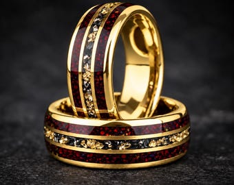 Unique Red Opal Tungsten Ring with Meteorite and 24K Yellow Gold Leaf, Mens Wedding Band, His Promise Ring, Anniversary Gift for Him 8mm