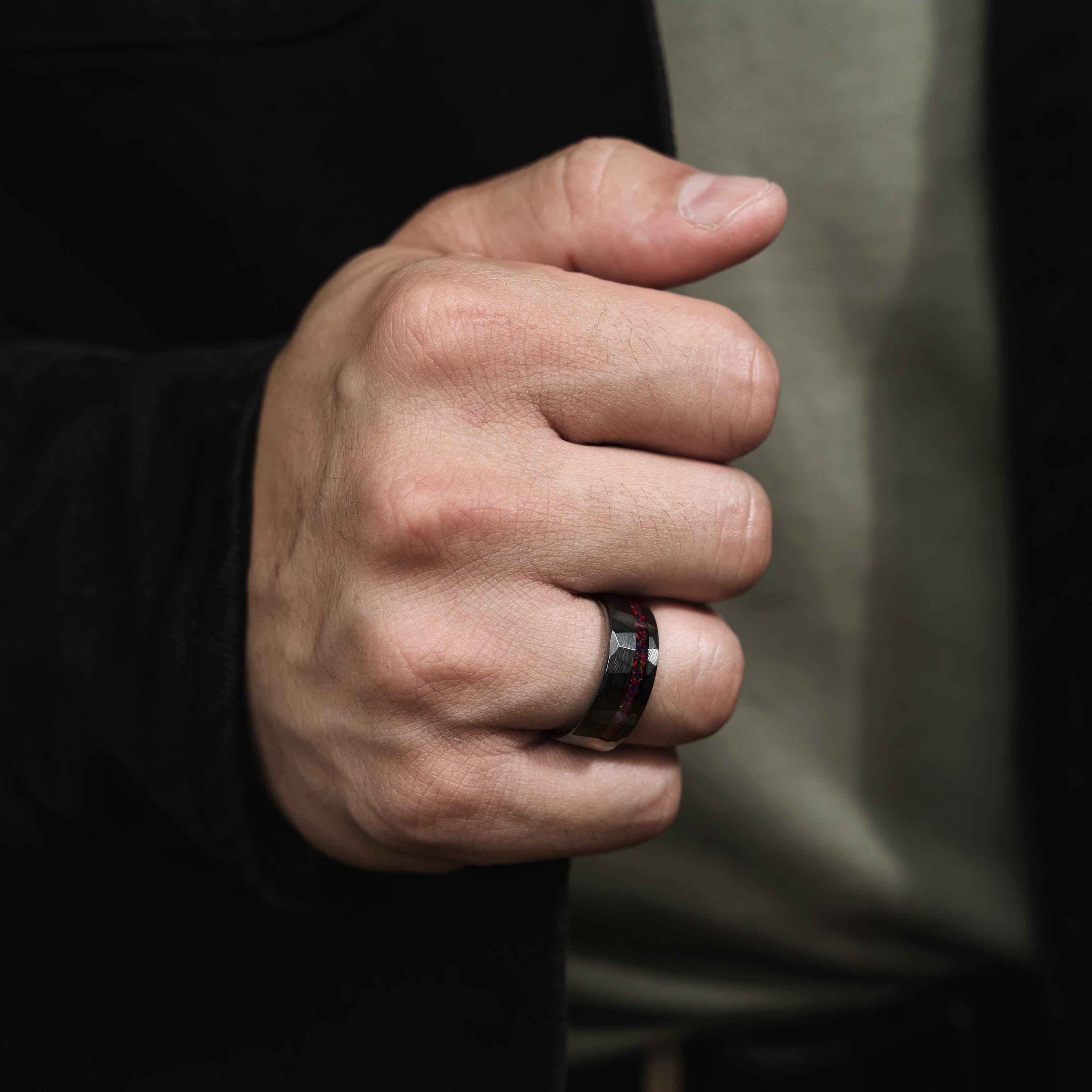 Black Hammered Wedding Band, Tungsten Ring With Red Opal Inlay, Unique Mens Ring, Crushed Red Opal Meteorite Band, Engagement or Gift 8mm