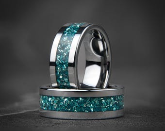 Blue Opal Tungsten Ring, Silver Tungsten Wedding Band, Crushed Pacific Blue Opal Ring, Mens Wedding Band, Ocean Inspired Ring, Promise Ring
