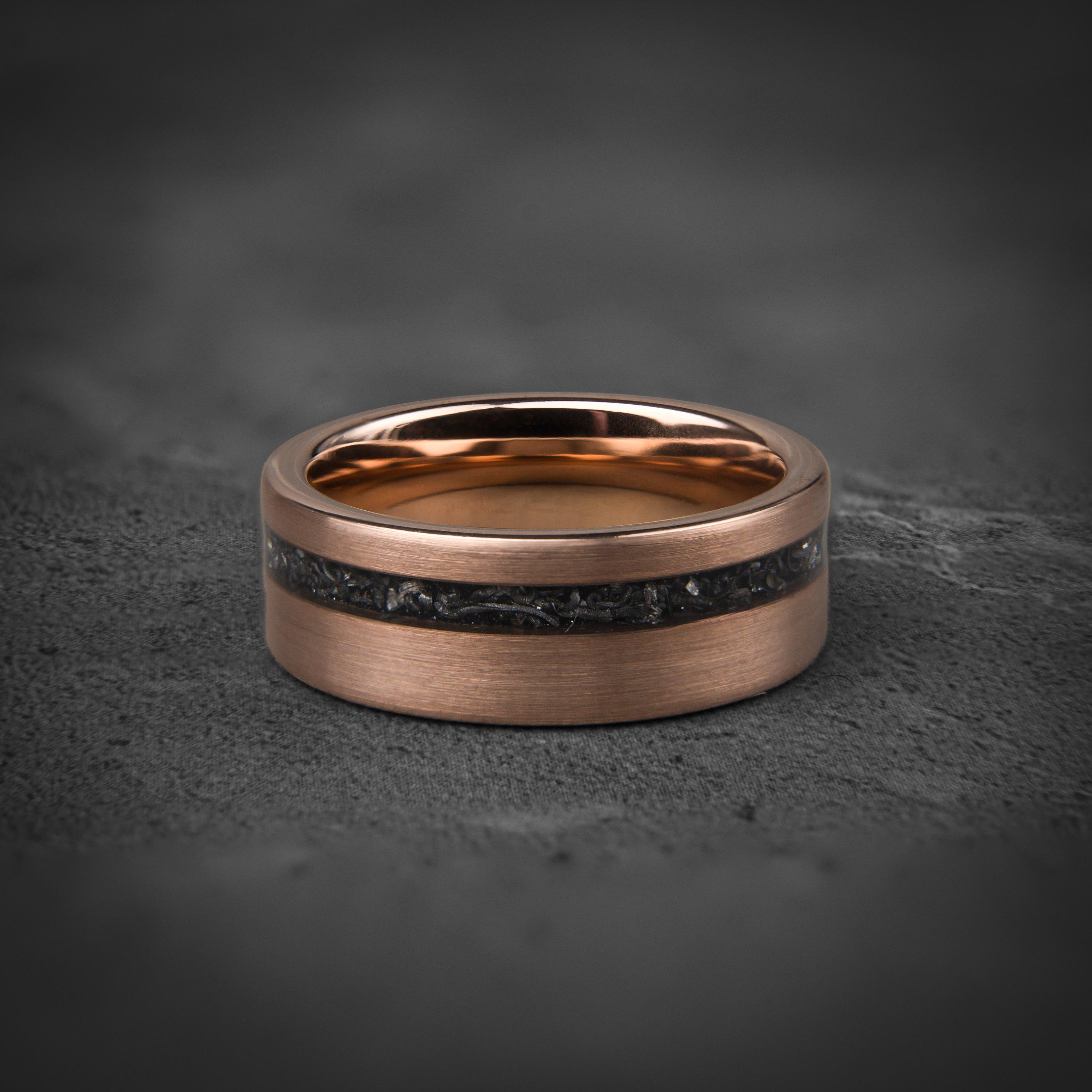 Rose Gold Meteorite Wedding Band, Black and Rose Gold Meteorite Tungsten Ring, Men’s Anniversary Brushed and Unique Engagement Ring for Him