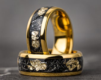 Meteorite Gold Leaf Flakes Wedding Band, Crushed Meteorite & Gold Ring 8mm , Mens Wedding Band, Tungsten Ring, Mens Ring, Promise Ring