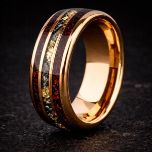 Red Opal Meteorite Tungsten Ring with 24K Rose Gold Leaf, Mens Wedding Band, Unique Meteorite Promise Ring, Anniversary Gift for Him 8mm image 4