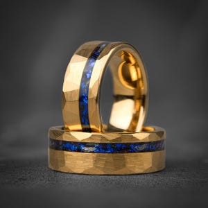 Blue Sapphire Hammered Yellow Gold Tungsten Ring, 8mm Meteorite Wedding Band for Men, Unique Engagement or Anniversary Ring, Gift for him