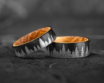 Couple Set Whiskey Barrel Wood Tungsten Rings, Pine Tree Forest, Wedding Bands, Nature Oak Inspired Engagement Anniversary Bands, 8mm, 6mm