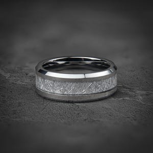 Tungsten Meteorite Wedding Band: Silver Inlay, 8mm Comfort Fit