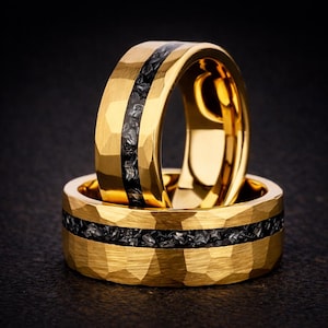 Hammered Yellow Gold Tungsten Ring with Meteorite, 8mm Wedding Band for Men, Unique Engagement or Anniversary Ring, bestmen Gift for him