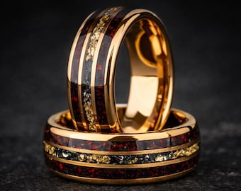 Anillo de tungsteno con ópalo rojo y detalles en oro rosa de 24 quilates, alianza de boda para hombre, anillo de promesa único con meteorito, regalo de aniversario para él, 8 mm