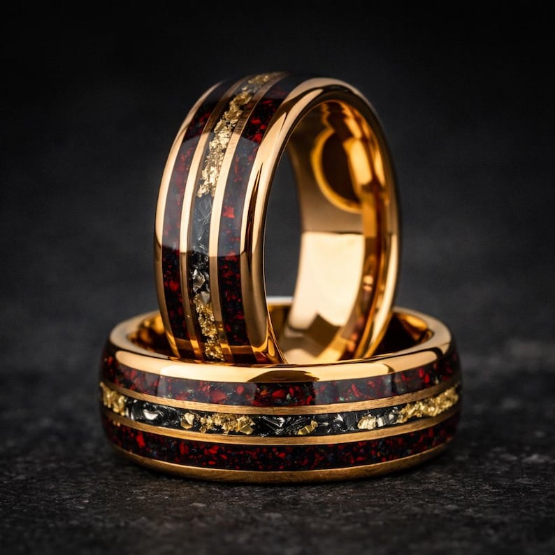 Red Opal Meteorite Tungsten Ring with 24K Rose Gold Leaf, Mens Wedding Band, Unique Meteorite Promise Ring, Anniversary Gift for Him 8mm image 1