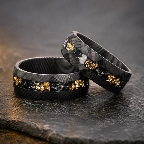 Damascus Steel Ring with Gold and Meteorite Flakes, 8mm Mens Wedding Band, Durable Everyday Anniversary and Engagement Ring, Gift for Him