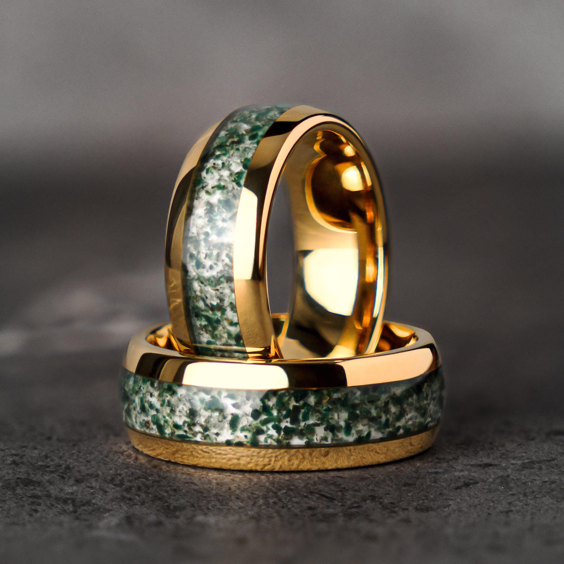 Green Moss Agate Tungsten Wedding Band, Yellow Gold Plated, Unique Wedding Ring for Men and Women, Anniversary or Promise Band, 8mm wide