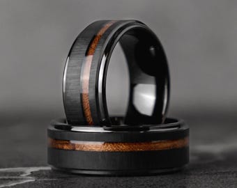 Burnt Whiskey Barrel Tungsten Wooden Wedding Ring, Meteorite Wood Band, Mens Unique Rustic Anniversary and Engagement gift for him, 8mm gift