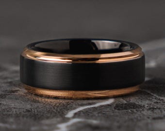 Rose Gold and Black Men Wedding Band, Brushed Wedding Ring for Men, Unique Tungsten Wedding or Promise Ring, 8mm Gift for Him, male ring