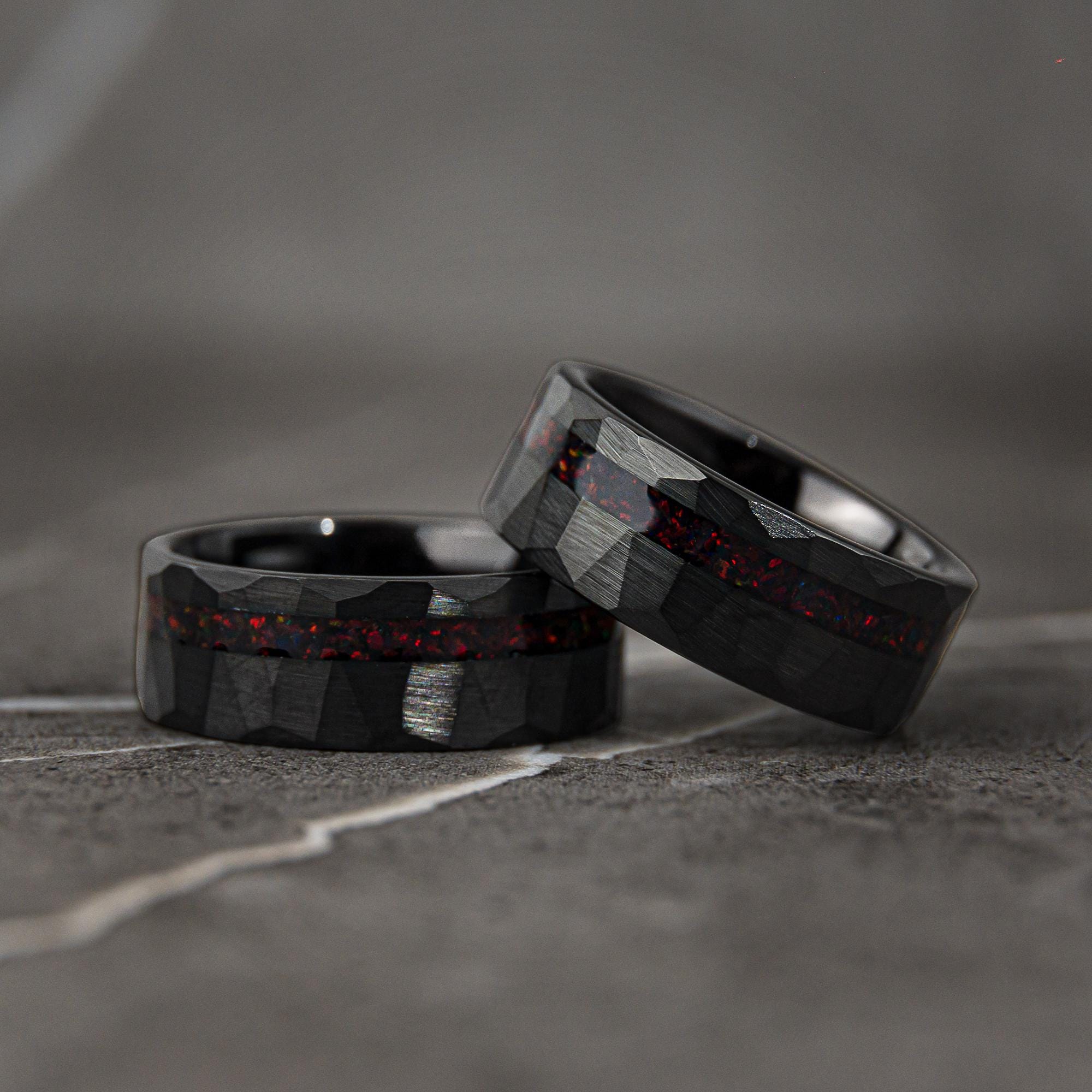 Black Hammered Wedding Band, Tungsten Ring With Red Opal Inlay, Unique Mens Ring, Crushed Red Opal Meteorite Band, Engagement or Gift 8mm