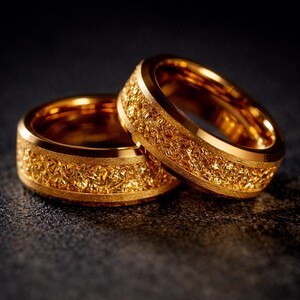 Op de afbeelding: Twee gouden trouwringen met een getextureerd, gehamerd ontwerp. De ringen zijn helder, glanzend goudkleurig en staan tegen een donkere achtergrond. De banden hebben een plat profiel met een getextureerd midden.