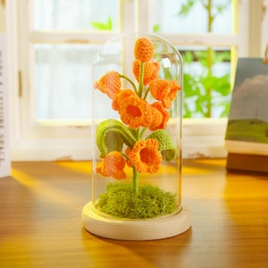 Birthday Gift Orange Lily of the Valley Crochet Lamp - Handmade Night Light, Eternal Flowers, Yarn Plant, Crochet Gift for Her,Bestie Gift