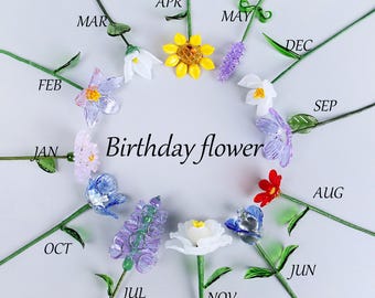Glass Birth Month Flower Bouquet – Personalized Floral Decor, Birthday Gift