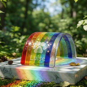 May include: A curved, translucent glass rainbow arch featuring vertical stripes of red, orange, yellow, green, blue, and violet. The front surface displays a white etched paw print graphic above the name Luise in a clean, sans-serif font.
