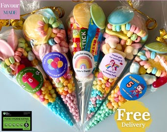 Pre Filled Sweet Cones - Personalised ready made party bag filler, perfect for birthday party favours, wedding favour gift