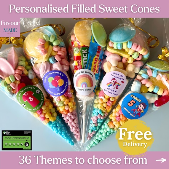 Pre Filled Sweet Cones - Personalised ready made party bag filler, perfect for birthday party favours, wedding favour gift