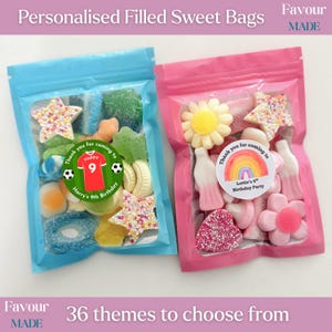 May include: Two clear plastic pouches filled with assorted colourful gummy sweets. The blue pouch features a green circular sticker with a red football shirt and the text 'Thank you for coming to Harry's 9th Birthday'. The pink pouch has a white sticker with a rainbow and the text 'Thank you for coming to Lottie's 6th Birthday Party'.