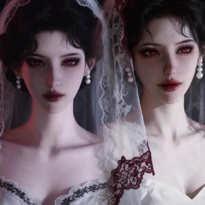 Op de afbeelding: Digitaal kunstwerk met twee vrouwen met een lichte huid en donker haar. Ze dragen witte jurken en sluiers met kanten details. Hun ogen zijn rood en ze dragen parel oorbellen. De afbeelding heeft een gotische en romantische uitstraling.