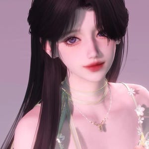 May include: A digital illustration of a woman with long, dark hair and purple eyes. She wears a delicate necklace and a floral-decorated dress. The background is a soft pink, creating a dreamy aesthetic.